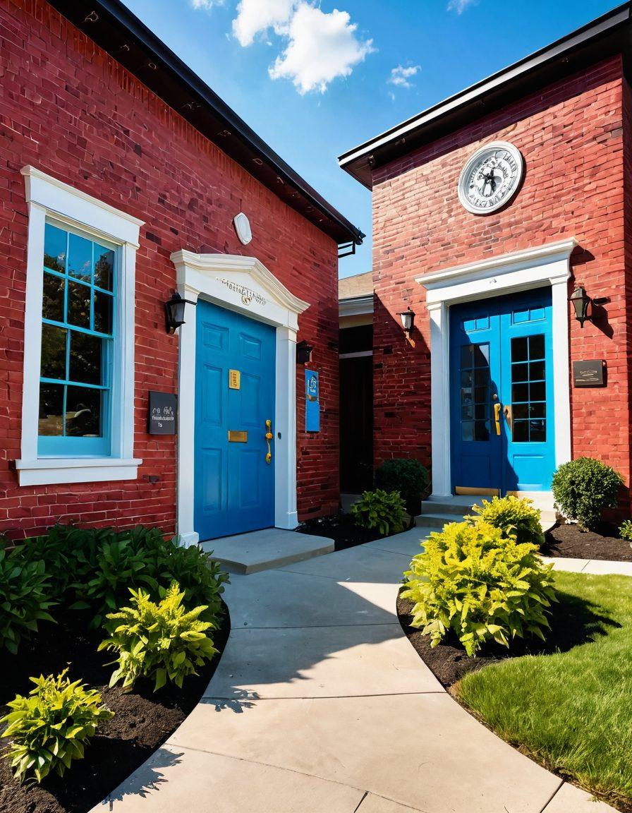 A visual representation of a winding pathway leading from a school building to an open door symbolizing admission. Along the path, highlight various landmarks like a graduation cap, an acceptance letter, and a compass pointing toward success. The scene should be bright and inviting, illustrating the journey's ups and downs with students interacting joyfully. vibrant colors. 3D.