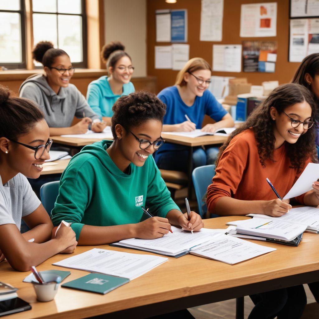 A collage of diverse students excitedly filling out applications at a study table, surrounded by books and laptops, displaying application forms and acceptance letters. A motivational poster in the background reads 'Your Journey Begins Here!' with visual elements like pens and coffee cups. The scene should evoke a sense of hope and determination. vibrant colors. super-realistic.