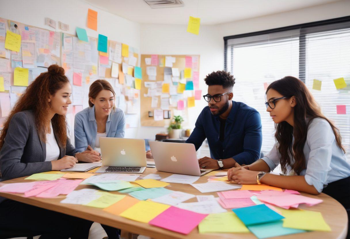 An inspiring workspace scene featuring a diverse group of young professionals intensely collaborating over application documents, with colorful sticky notes and a laptop displaying a winning application template. In the background, a vision board with motivational quotes and checklists for success, creating an atmosphere of creativity and determination. soft focus. vibrant colors. digital art.